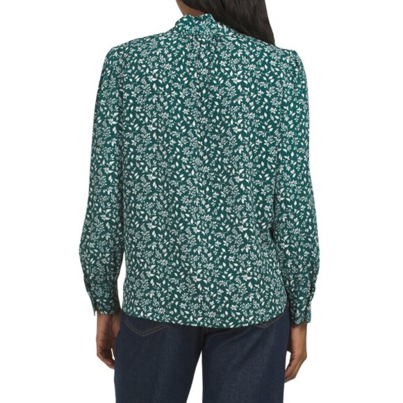 ADRIANNA PAPELL Botanical Garden Bow Tie Neck Printed Silky Woven Blouse - Picture 2 of 2